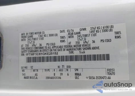 2016 Ford F-150 Xl from USA, damaged, VIN 1FTMF1C81GKE25152